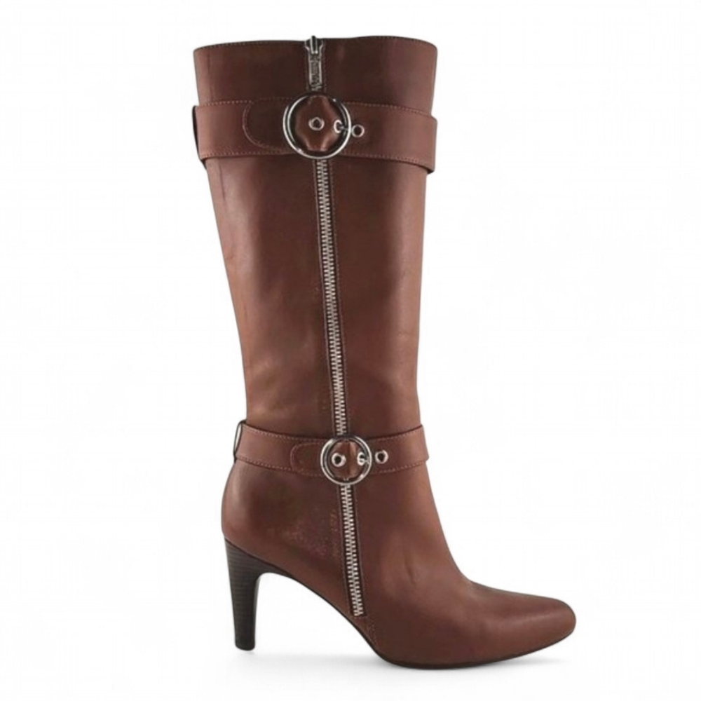 ECCO Women's Tall Tan Brown Leather Heeled Boots Strap Buckle 37